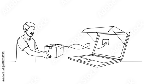 A man receives a package connected to a laptop with an envelope icon