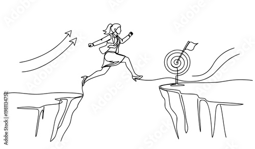 A businesswoman jumping over a cliff to reach a target goal