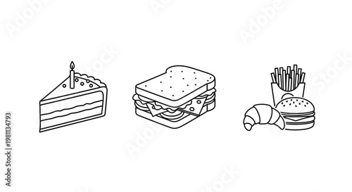 Various fast foods and a slice of cake in black outline silhouette