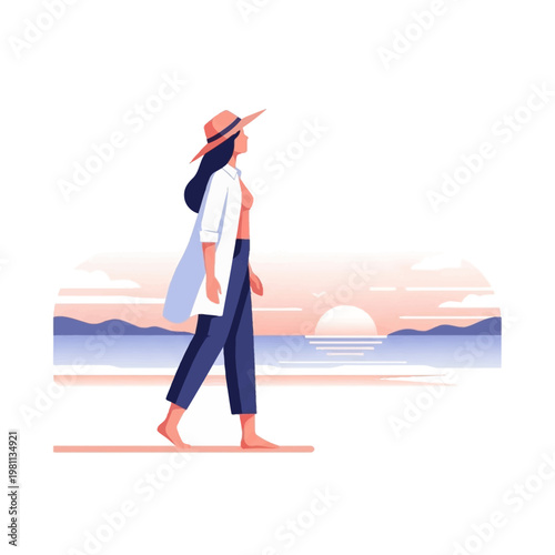 Woman Walking on Beach at Sunset.