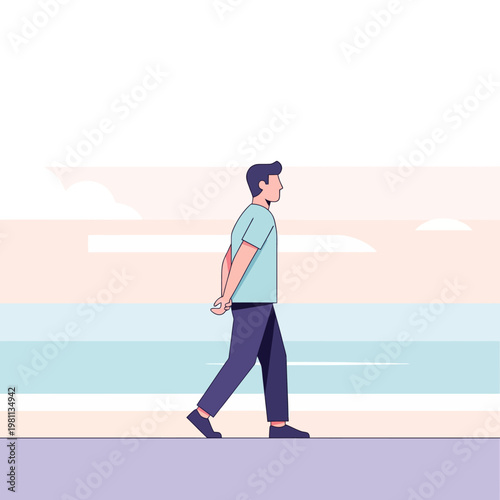 Man walking with hands behind back.