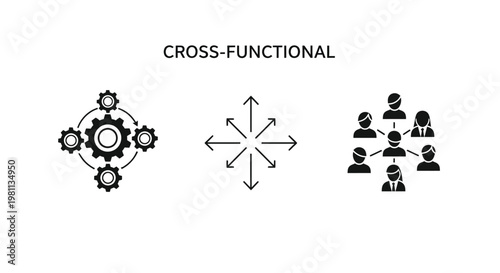 Cross functional teamwork illustrated with gears and people a black silhouette