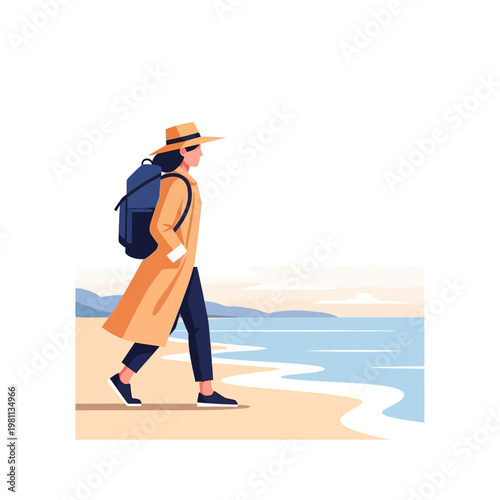 Woman walking on beach with backpack.