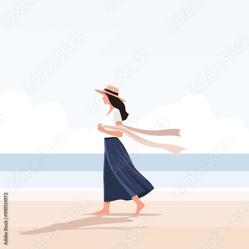 Woman Walking on Beach with Scarf.