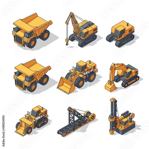 Construction Vehicles Set Isometric Vector Illustration.