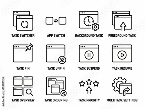 A set of 12 black line icons depicting various multitasking and window management concepts on a white background in a simple, modern, outline style, including task switcher, app switch, back