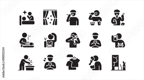 Minimal lifestyle icon pack featuring everyday tasks and human interactions