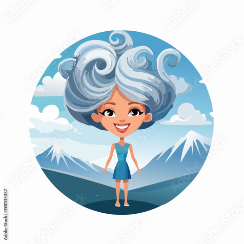 Whimsical female character with fluffy cloud hair embodying nature's serene beauty amidst mountain peaks