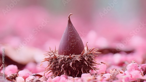 acorn in pink, autumn nature scene, macro close-up