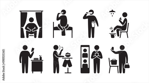 Black silhouette human activity collection for home work and social behavior concepts
