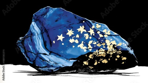 blue rock with gold stars, abstract art, dark background