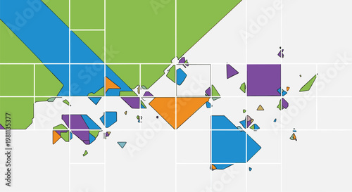 Dynamic abstract background featuring a grid overlay with fragmented, colorful geometric shapes and polygons, creating a modern and deconstructed artistic mosaic effect.