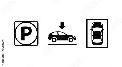 Parking symbol and car illustration depicted in stark black silhouette
