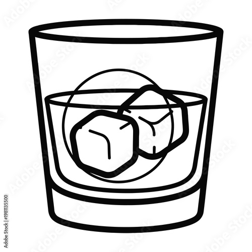 Glass of Whiskey with Ice Cubes Line Art Minimalist Black and White Beverage Icon Simple Design