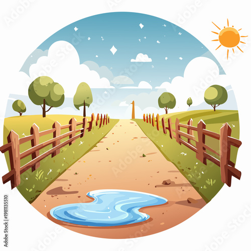 Sunny Countryside Path Leading Towards a Bright Horizon with Lush Fields and Wooden Fence