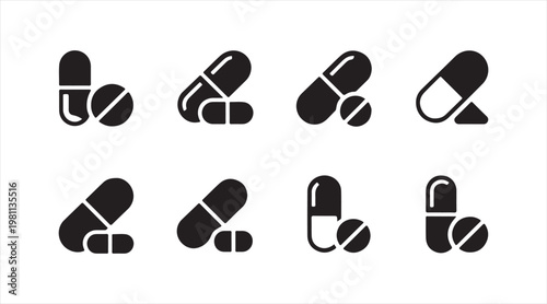 Minimal medicine pill icons set with capsules and pharmaceutical tablet symbols