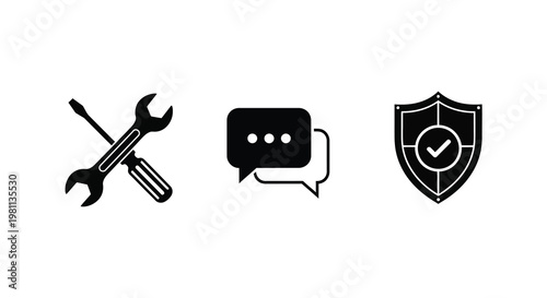Three black icons representing tools communication and protection silhouette