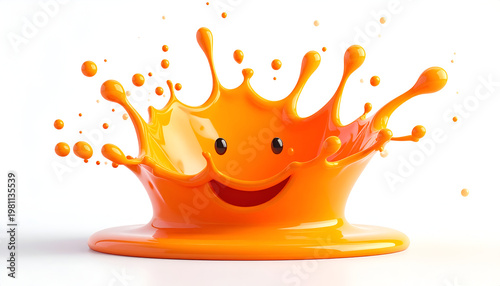 A vibrant splash of orange liquid forms a cheerful, smiling face with a crown-like shape.