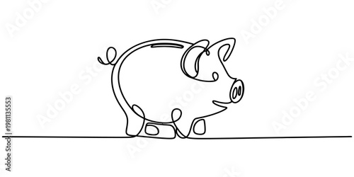 Continuous line drawing of a piggy bank on a white background. No editable stroke