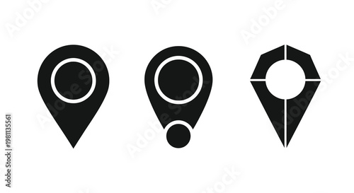 Three black location pin icons displayed in a linear arrangement silhouette