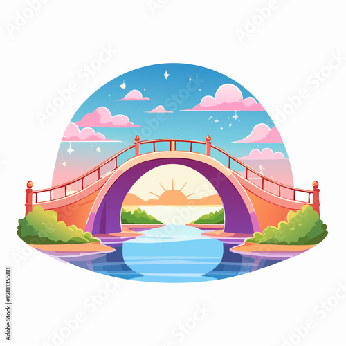 Whimsical bridge arches over a calm river at sunrise, featuring dreamy pink clouds and lush riverside nature in an idyllic landscape