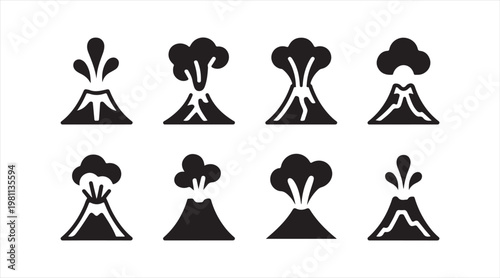 Minimal volcano eruption icons set with lava explosion and smoke cloud symbols