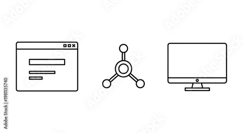 Minimalist icons of computer elements in a linear style silhouette
