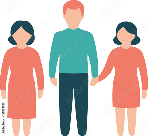Minimalist flat vector illustration of a diverse family or team standing together in a row, featuring a man and two women in coral and teal clothing, isolated on white background.
