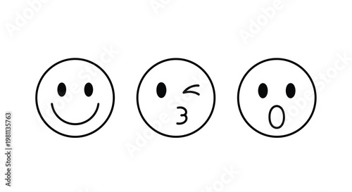 Three circular emoticons displaying happiness a wink and surprise silhouette