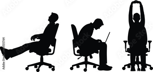 Office worker sitting stretching and working on laptop chair silhouette ergonomic posture workplace activity vector illustration isolated design concept