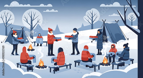 Illustration of people enjoying pizza outdoors in a winter camp setting with tents and campfires