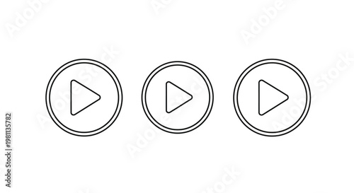 Three circular play buttons in a minimalist line art silhouette