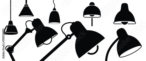 Vector silhouette of industrial lamps, desk lights and ceiling pendant lighting set isolated on white