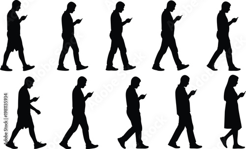 People walking silhouettes using smartphones set male and female characters mobile phone addiction modern lifestyle vector illustration isolated collection