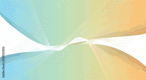 Serene abstract background design showcasing delicate converging and diverging white lines across a soft gradient of light blue, pale green, and warm orange hues, evoking a gentle flow.