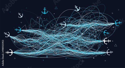 Dynamic abstract network design with interconnected blue and white lines creating a flow between stylized anchor points, symbolizing connection and movement on a deep navy background.
