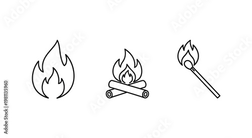 Simple line art depicts a campfire logs and a lit match silhouette