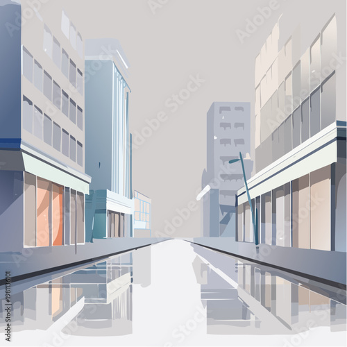 A tranquil urban morning scene with reflective wet streets and contemporary buildings, offering a serene city view