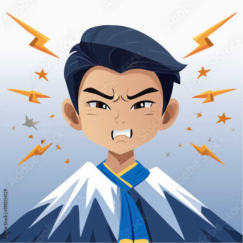 Illustration of a young man experiencing intense frustration and a volcanic outburst of stress