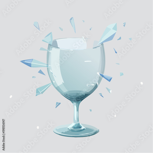 Abstract illustration of a clear wine glass shattering into sharp fragments, symbolizing fragility and unexpected breakage