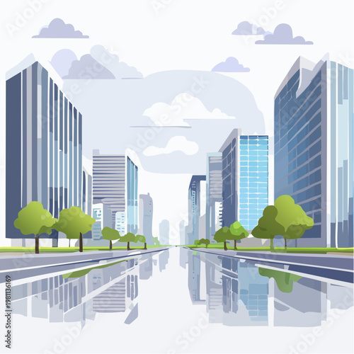 Modern city skyline with reflections on wet pavement, showcasing urban architecture and green trees