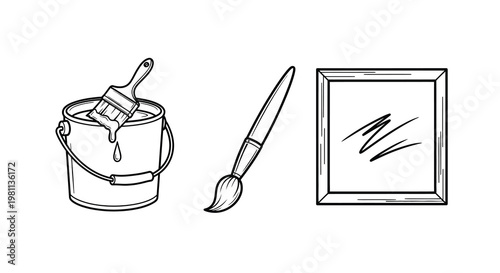 Art supplies including a paint bucket brush and canvas silhouette