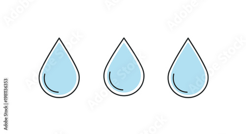 Three light blue water droplets with simple black outlines silhouette