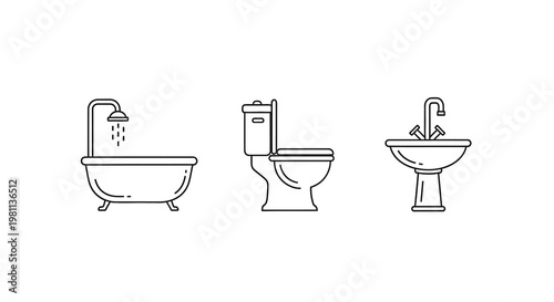 Bathroom fixtures including a tub toilet and sink line art silhouette