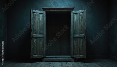 Old wooden wardrobe stands open in dark room interior. Dark empty closet with doors ajar. Spooky furniture in gloomy atmosphere, mystery and suspense.