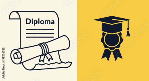Graduation symbols including a diploma and cap dark silhouette