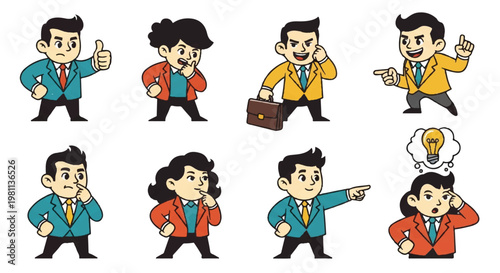 Cartoon business people posing in various gestures vector illustration
