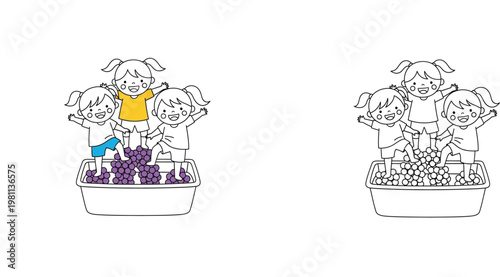 Happy Kids Grape Stomping - Traditional Wine Making Fun Coloring Page