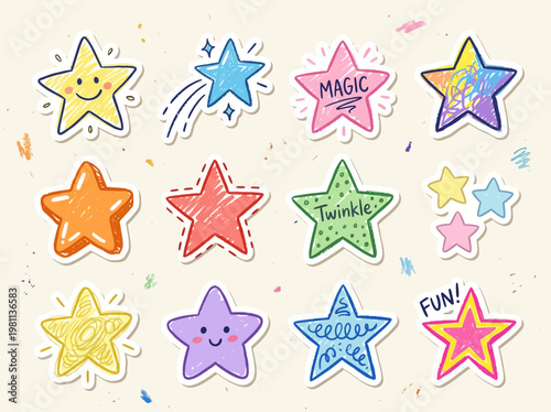 Colorful cartoon stars with smiling faces and words like magic, fun, dream, and sparkle in a whimsical artistic style for kids, education, and positivity