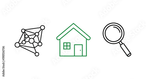 Network home and magnifying glass icons in a linear silhouette